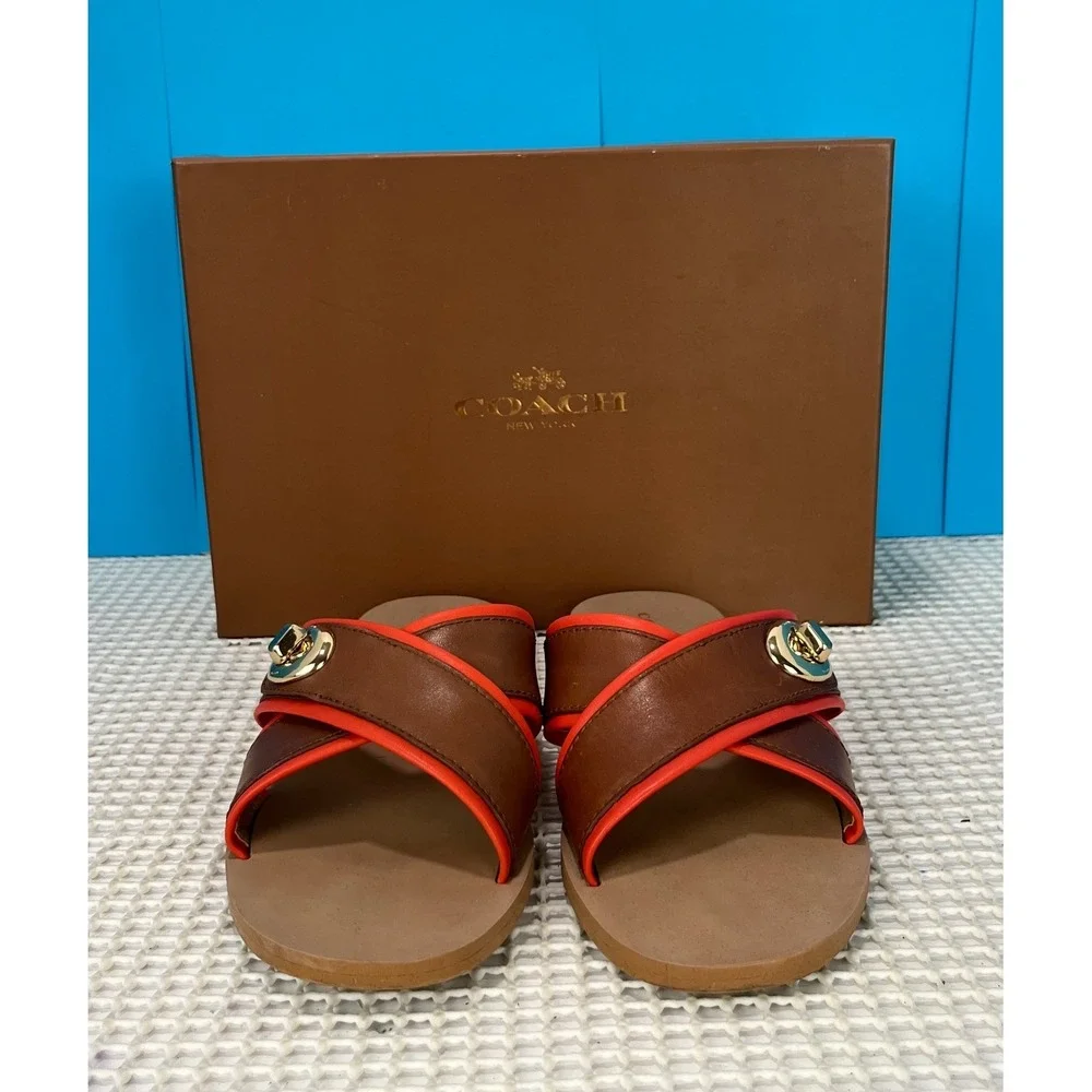 COACH Crossband‎ Sandals Slides Leather 6.5B Brown Orange Gold Hardware EUC